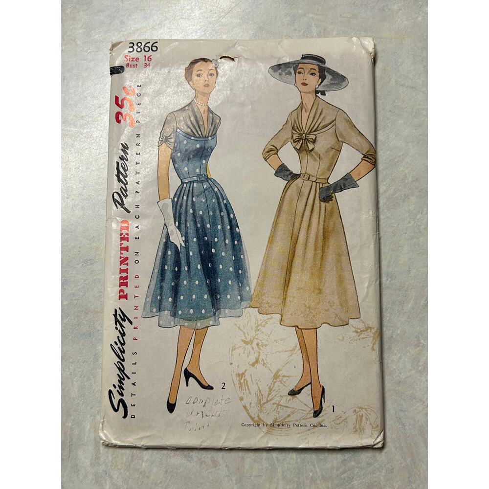 Vintage 40's-50's Simplicity‎ Pattern #3866 One Piece Dress Size 16 Bust 34" HTF